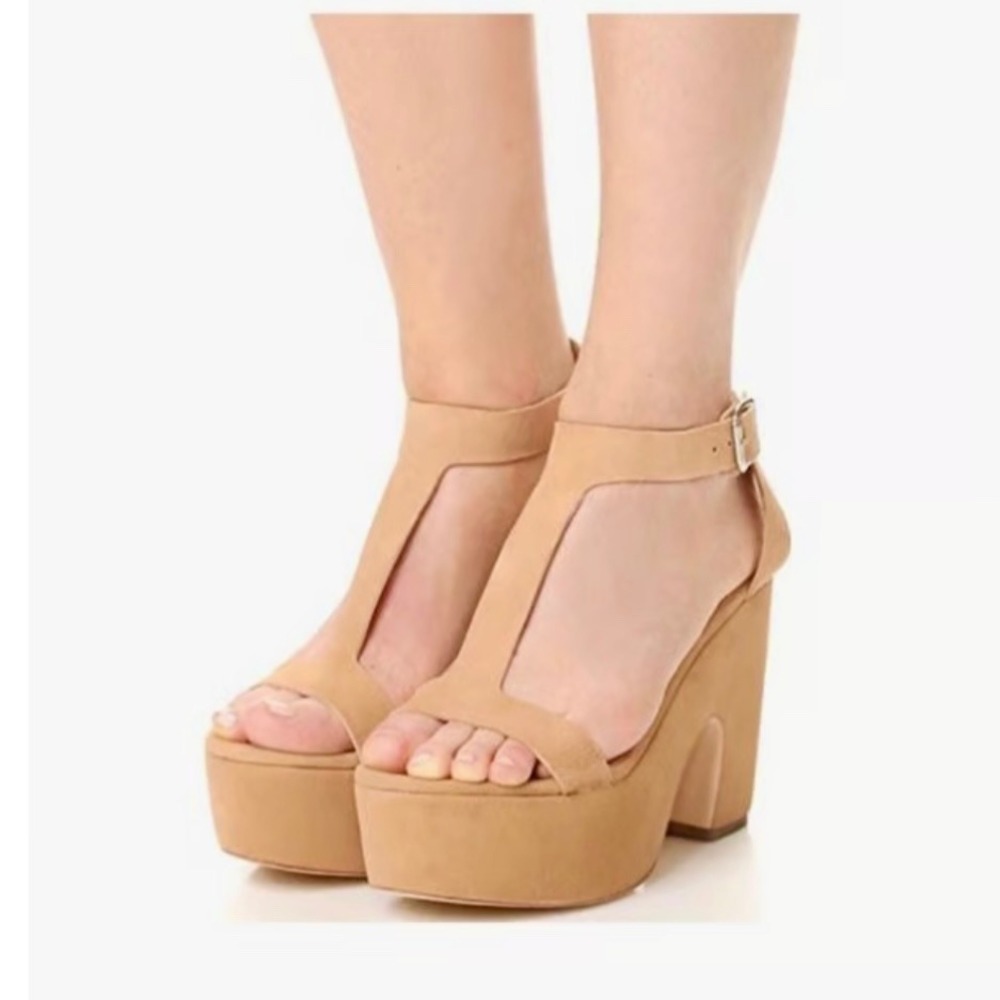 Loeffler Randall Minette suede high‎ platforms heels sandals Size 7.5 tan chic